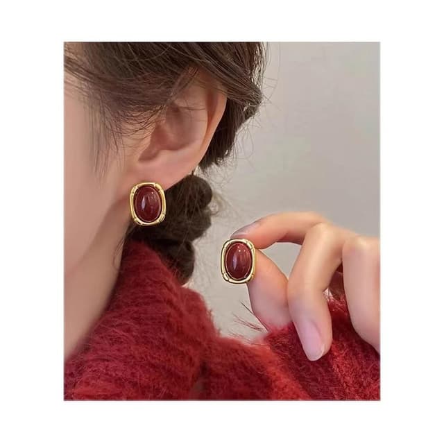 復古港風紅色滴釉幾何耳釘女秋冬氣質耳飾情人節禮物送女友