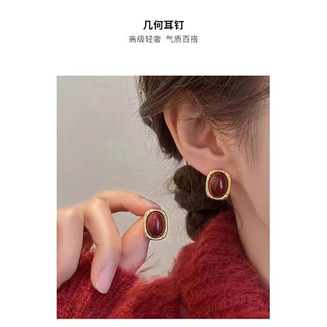 復古港風紅色滴釉幾何耳釘女秋冬氣質耳飾情人節禮物送女友
