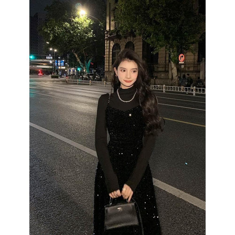 名媛宴會星空裙生日禮服裙法式復古亮片黑色吊帶裙女秋