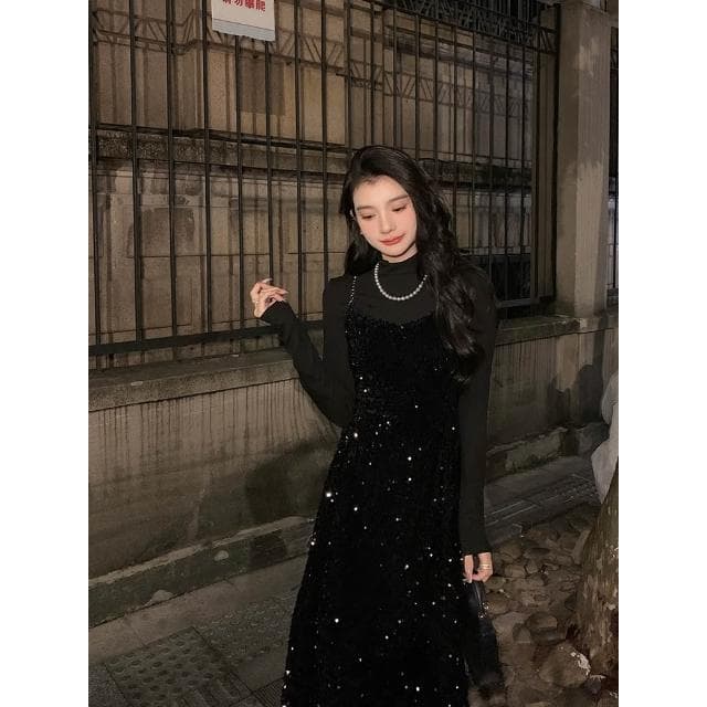 名媛宴會星空裙生日禮服裙法式復古亮片黑色吊帶裙女秋