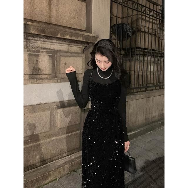 名媛宴會星空裙生日禮服裙法式復古亮片黑色吊帶裙女秋