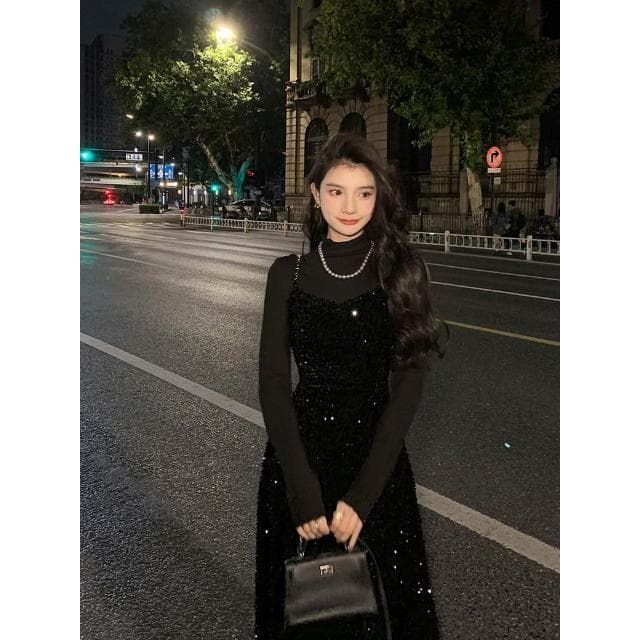 名媛宴會星空裙生日禮服裙法式復古亮片黑色吊帶裙女秋