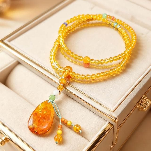 【Paiya 派亞】天然6MM琥珀花珀多圈項鍊精美23X39MM大吊飾做手鏈可以四圈