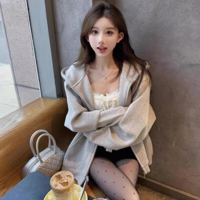 灰色連帽外套衛衣外套女春秋季薄款韓系慵懶美式寬松連帽拉鏈開衫上衣寬鬆連帽夾克外套運動休閒風學生日韓舒適休閒風氣質通勤外套