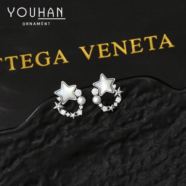 SMiss Si【現貨速發】925銀針韓國設計感星星耳釘 花環鑲鑽鋯石精緻天然貝母珍珠環形耳環 女 輕奢華麗 耳針 耳飾