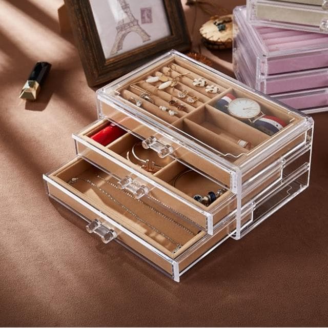 【HaNA 梨花】交換禮物冰花絨布高檔首飾盒珠寶盒．三層抽屜珠寶收納盒(交換禮物長輩送禮)