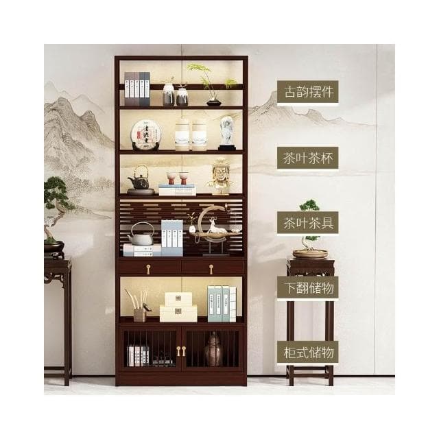 批發博古架新中式實木置物架茶具茶葉展示架多寶閣茶室茶櫃擺件收