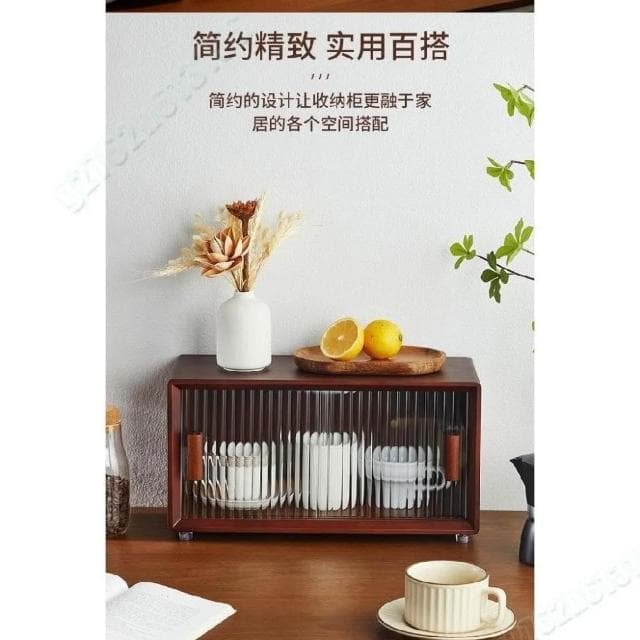 桌面收纳柜 实木餐桌水杯茶具置物架 咖啡杯子收纳盒 防尘厨房储物柜 防塵廚櫃 杯子層架  茶水间杯子櫃 瓶罐