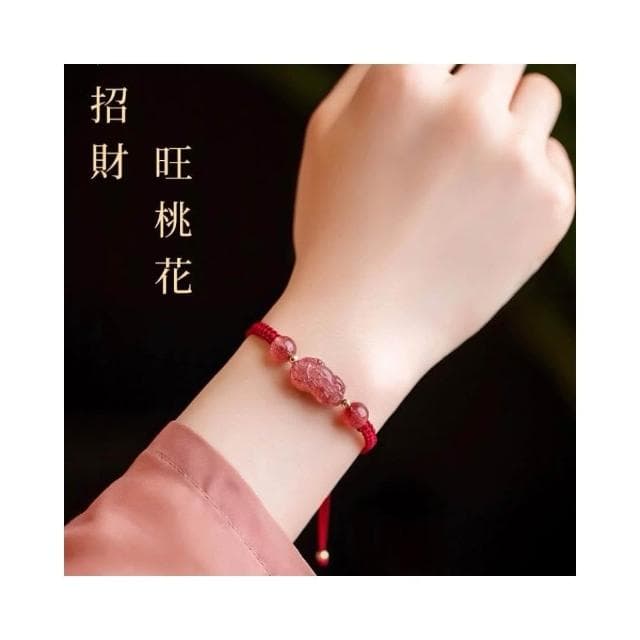 【開運堂】天然草莓晶 貔貅手繩  招財招正桃花 手鍊飾品女手串鍍１４Ｋ金款生日禮物閨蜜禮物交換禮物 開運堂