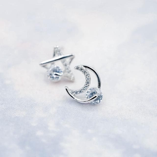【Porabella】S925純銀星星月亮可☆小巧耳釘 星月童話 微鑲鑽不對稱耳環 Earrings