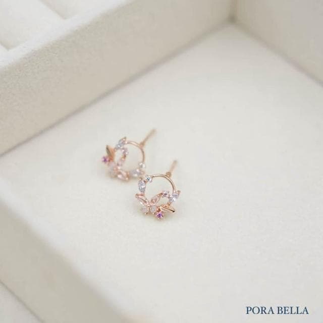【Porabella】925純銀單鑽鋯石花朵耳環 藍寶石蝴蝶耳環 小眾設計款輕奢氣質玫瑰金穿洞式耳環 Earrings