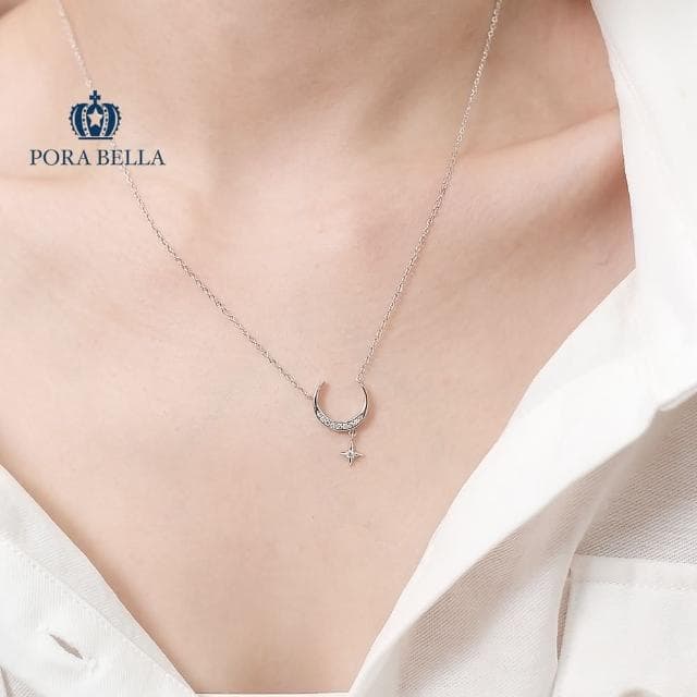 【Porabella】925純銀星星月亮設計項鍊 簡約小眾設計 星星鋯石鎖骨鏈 生日禮物 Necklace