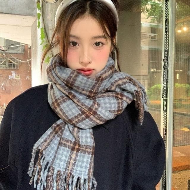 【LEESA】格子圍巾\仿羊絨圍巾\圍巾\圍脖披巾\高級感\韓國圍巾\百搭配件\小臉神器\情侶圍巾\禮物\披肩圍巾\流蘇圍巾