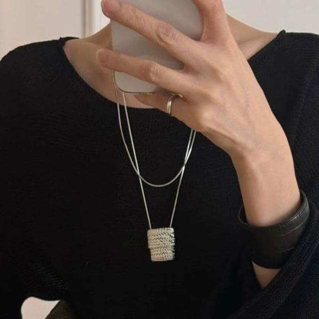 【LEESA】項鍊\金色\虎眼石\生日禮物\鈦鋼\編織包\包包項鍊\鈦鋼項鍊\ins風\小眾設計\復古\輕奢\長款項鍊\銀色\