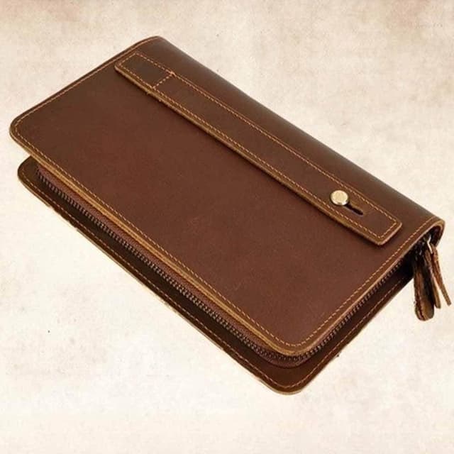 【LEESA】雙層拉鍊錢包\男士手拿錢包\大容量手拿錢包\復古牛皮包\牛皮手機包\多卡位錢包\真皮手抓包\送長輩男友\生日禮物