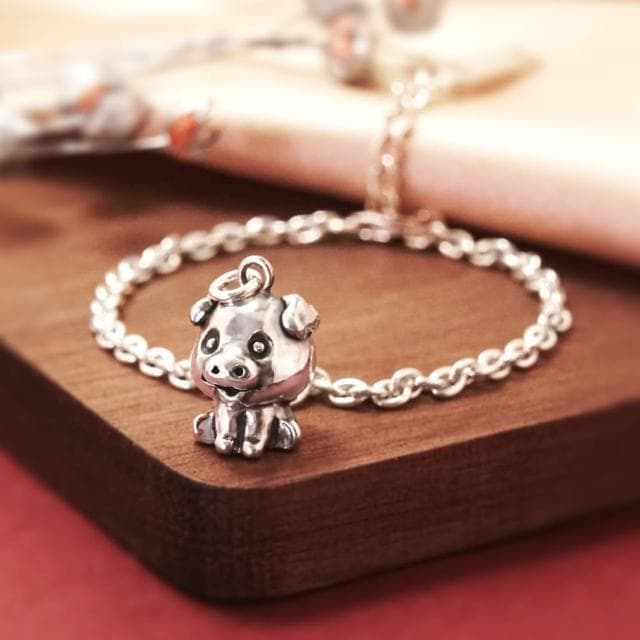 【ART64】純銀兒童手鍊/寶寶手鍊 彌月禮/生日禮物推薦 豬事大吉 豬寶寶造型 細版
