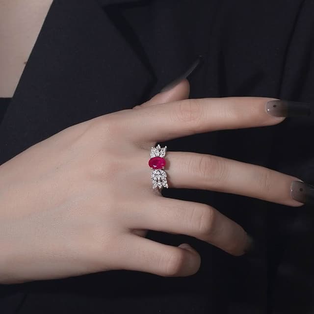 【MoonDy】生日禮物 鴿血紅戒指 純銀戒指 鋯石大戒指 新娘飾品 浮誇戒指 紅色戒指 送長輩 送女生