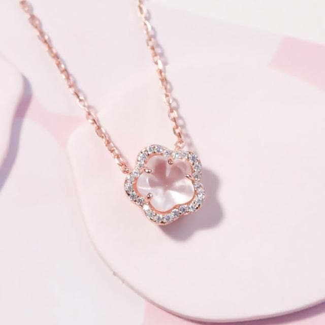 【MoonDy】小花項鍊 玫瑰金項鍊 純銀項鍊 鎖骨鏈 水晶項鍊 粉水晶 生日禮物項鍊  韓國項鍊 櫻花項鍊