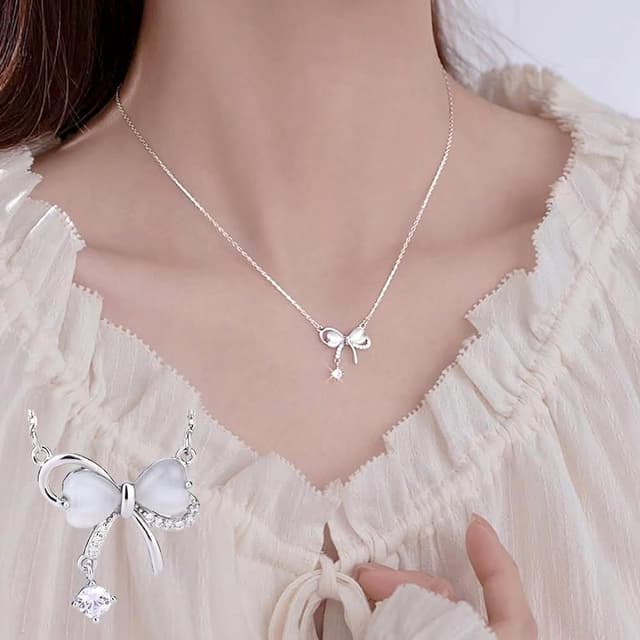 【MoonDy】貓眼石項鍊 鎖骨鏈 女項鍊 可愛項鍊 S999項鍊 足銀項鍊 純銀項鍊 項鍊 蝴蝶結項鍊 生日禮物