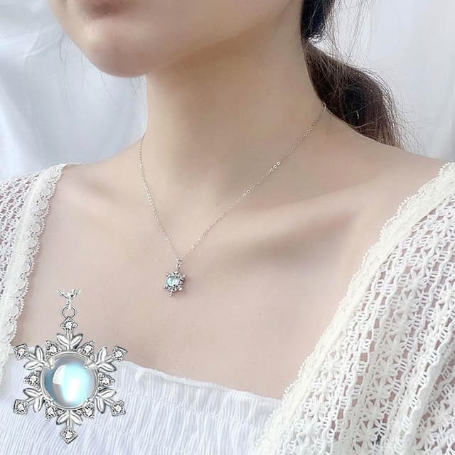 【MoonDy】項鍊 女生項鍊 月光石 雪花項鍊 小清新 頸鏈 鎖骨鏈 925純銀 吊墜 韓版 高級感 毛衣鏈 氣質項鍊 生日禮物