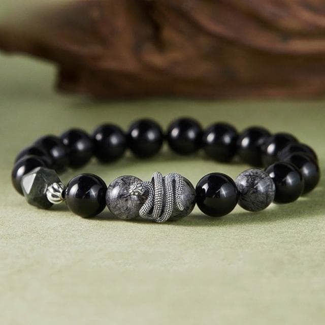 【MoonDy】水晶手串 手串男 黑曜石 黑髮晶 手鍊 手環 飾品 復古風 925 純銀 本命年 新中式 黑曼巴 保平安 生日禮物