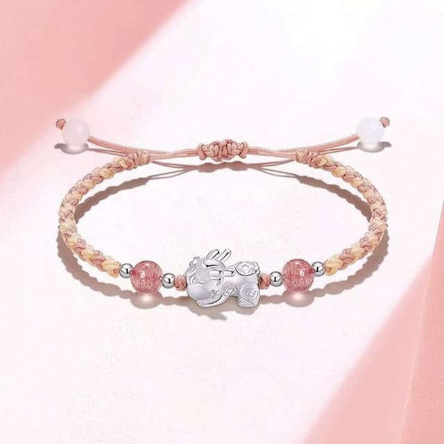 【KT DADA】999 純銀 貔貅 情侶手鍊 閨蜜手鍊 招財納福 情人節禮物手工編織 手鍊手環 水晶手鍊 草莓晶 月光石 串珠