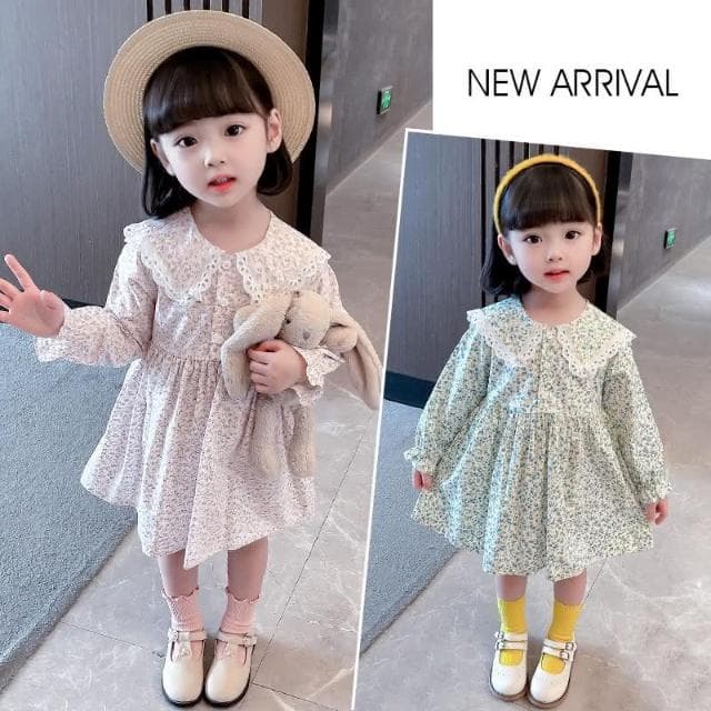 【Arbea】秋季長袖女童清新小花翻領連衣裙中小童裙兒童棉布裙 C202