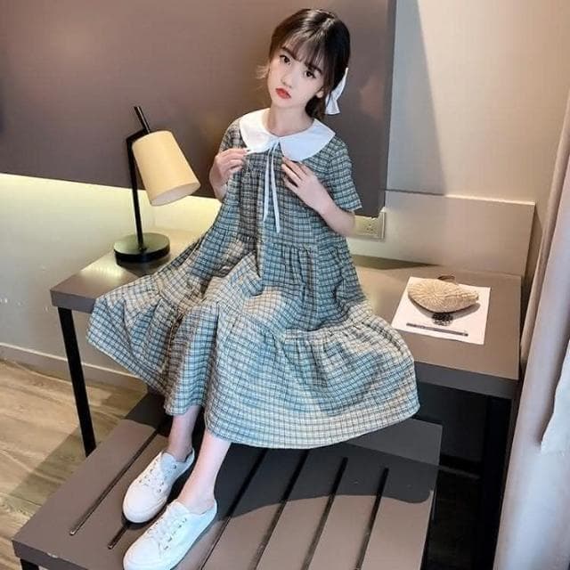 【Arbea】中大童女童翻領連衣裙夏季新款兒童短袖寬鬆時尚女孩洋氣淑女風格子裙 C212