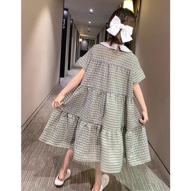 【Arbea】中大童女童翻領連衣裙夏季新款兒童短袖寬鬆時尚女孩洋氣淑女風格子裙 C212