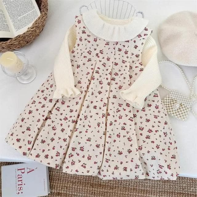 【Arbea】秋冬兒童女童新款西式森系小花布衣打底衣兩件式套裝連身裙針織衫 C1027