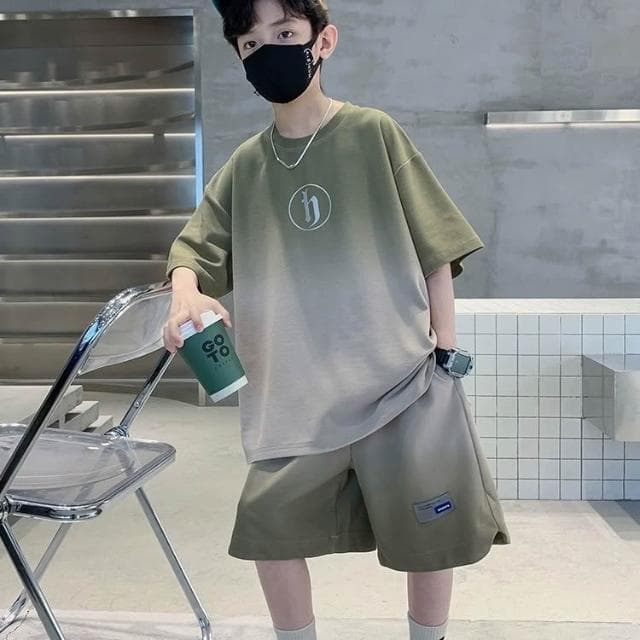 【Arbea】兒童夏季短袖套裝男童夏裝新款中大童男孩衣服漸變色短袖短褲 C1093
