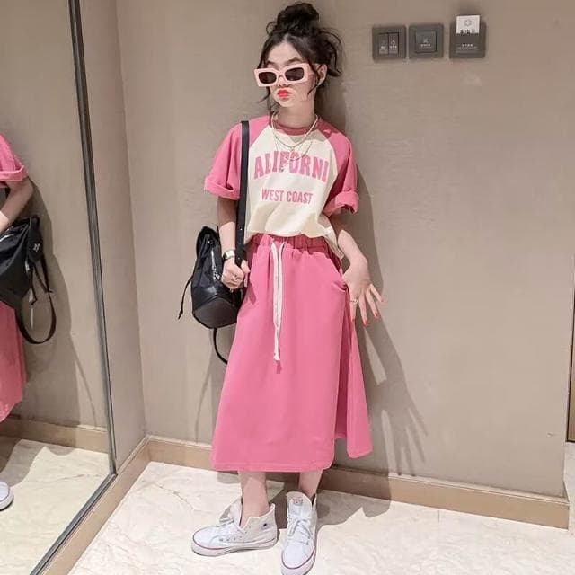 【Arbea】中大童120-170碼女童夏裝半身裙套裝韓版洋氣時尚中大童裝兒童夏日裙短袖兩件套【C1192】