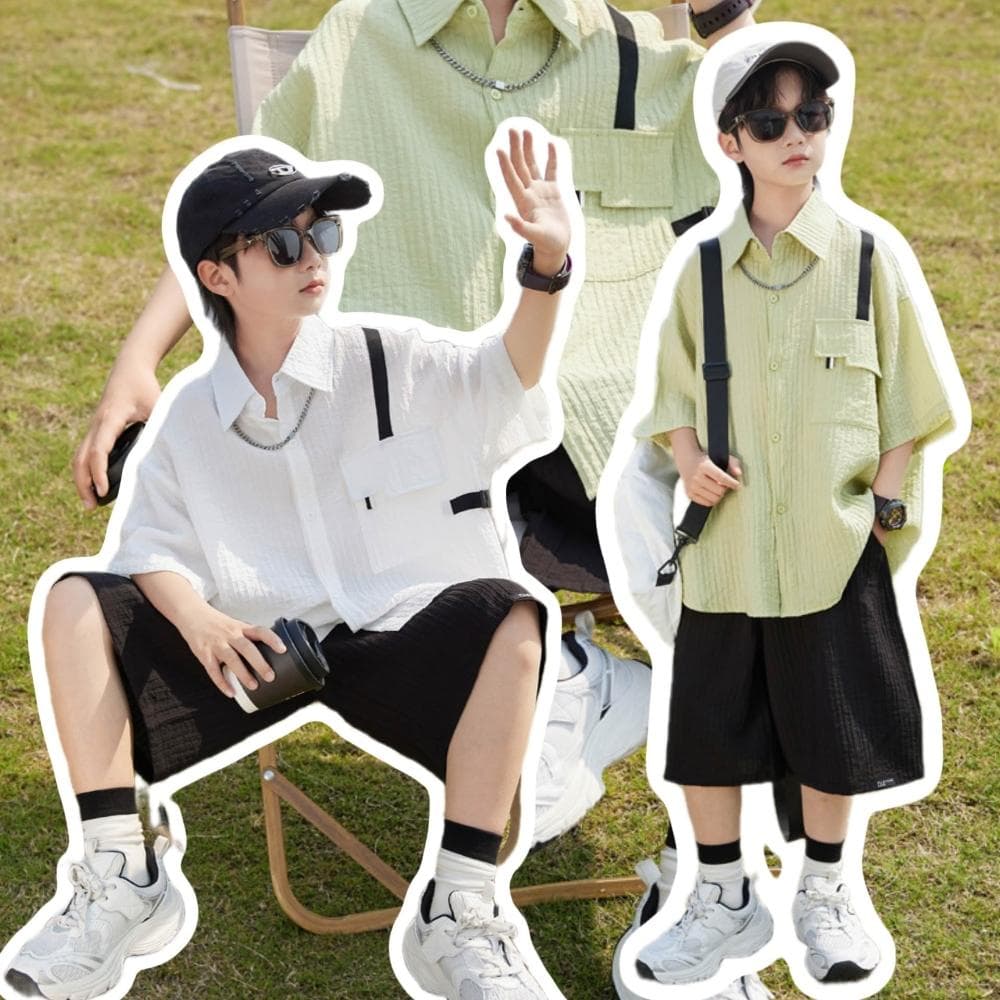【Arbea】中大童120-170碼夏季中大男童襯衫短袖套裝新款童裝兒童男孩短褲兩件套透氣寬鬆潮【C1195】