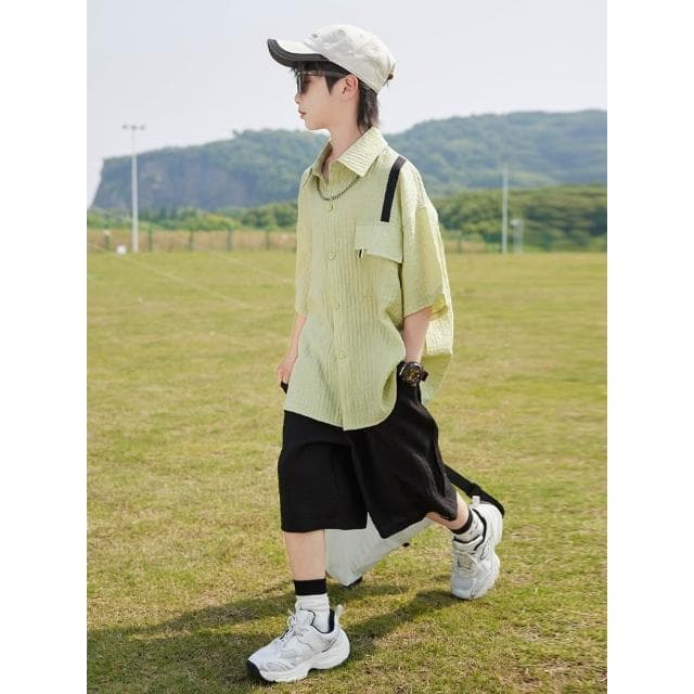 【Arbea】中大童120-170碼夏季中大男童襯衫短袖套裝新款童裝兒童男孩短褲兩件套透氣寬鬆潮【C1195】