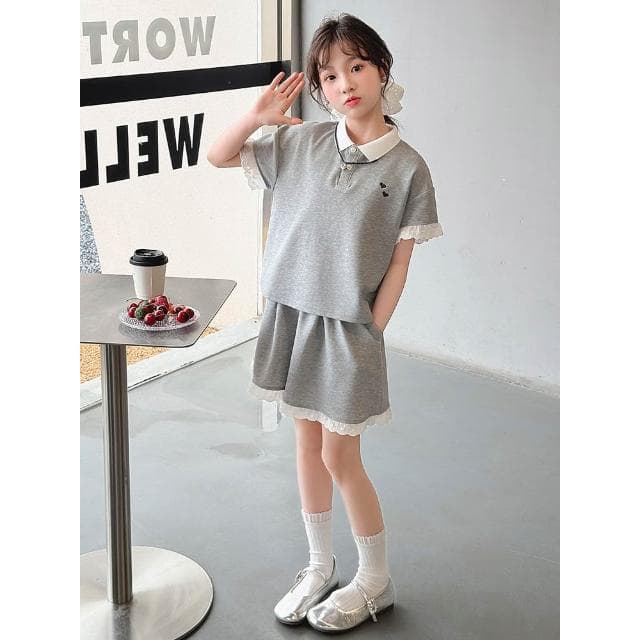 【Arbea】中大童120-170碼夏季女童polo衫短袖T卹套裝童裝兒童女孩短褲兩件套休閒翻領洋氣【C1196】