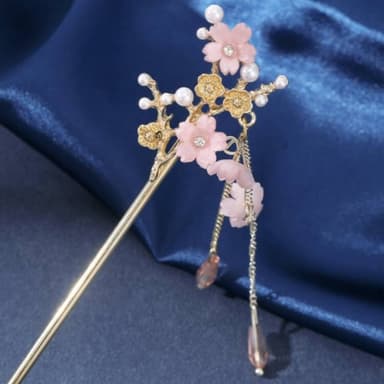 【WOONUE】高品質皇家奢華粉嫩珍珠櫻花金簪髮飾夾(兒童新娘髮妝老婆女友情人節婚禮小物表演演員母親節生日禮物)
