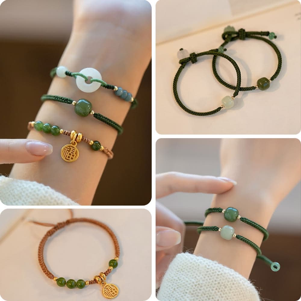 【LEEHER】手鍊/手串/編織手鍊/兒童手鍊/編織手環/和田玉手鏈/福字吊墜/平安手鍊/綠色手鍊/伸縮手鍊