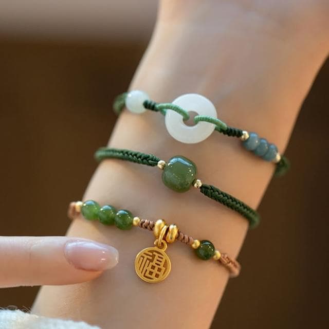 【LEEHER】手鍊/手串/編織手鍊/兒童手鍊/編織手環/和田玉手鏈/福字吊墜/平安手鍊/綠色手鍊/伸縮手鍊