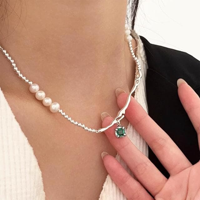 【LEEHER】天然珍珠/項鍊/圓珠項鍊/s925純銀/銀飾/飾品/女生項鍊/鎖骨鏈/珍珠項鍊/綠鋯石吊墜/珍珠搭彎管/純銀項鍊