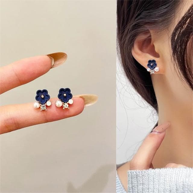 藍色小花耳環 S925銀 耳針 耳夾 耳飾 飾品 花朵耳環 耳釘 啞光小花 鑲鑽耳環 珍珠耳環 配件