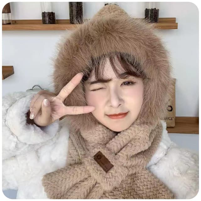 【Ho覓好物】保暖帽子圍巾 小熊帽子圍巾 圍巾帽 絨毛 護耳帽 毛圍巾 厚絨毛圍巾 秋冬保暖 聖誕禮物 交換禮物