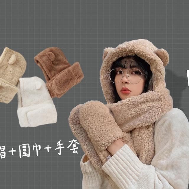 【ZOII 佐壹】小熊毛毛帽圍巾 可愛圍巾 小童圍巾 禦寒 保暖 圍巾 保暖圍巾 脖圍 披巾 賞雪必備 #322042