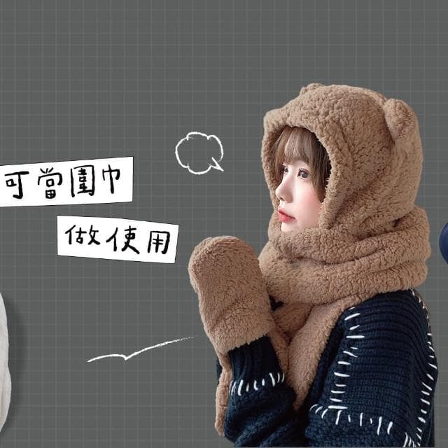 【ZOII 佐壹】小熊毛毛帽圍巾 可愛圍巾 小童圍巾 禦寒 保暖 圍巾 保暖圍巾 脖圍 披巾 賞雪必備 #322042