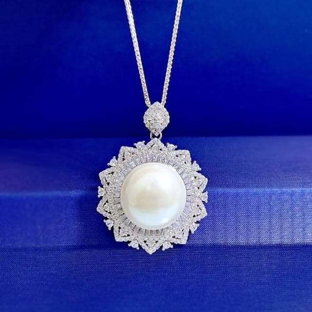 【米蘭精品】現貨+預購 珍珠項鍊925純銀吊墜16mm8克拉鋯石太陽花女飾品聖誕節交換禮物74gh3