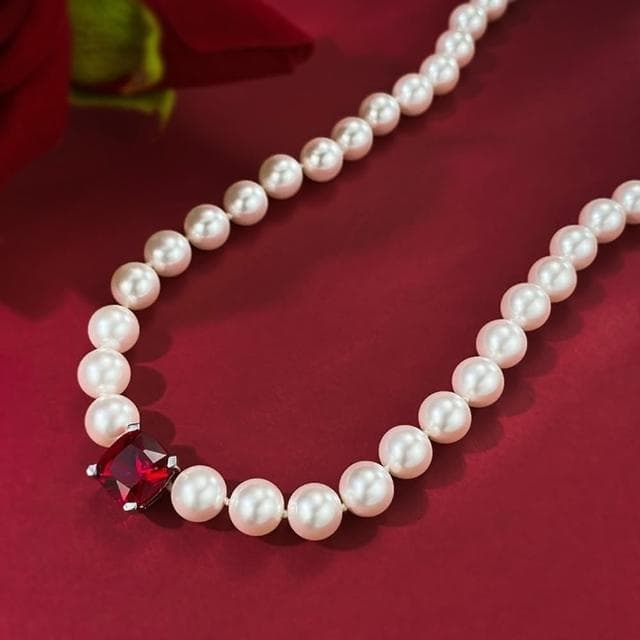 【米蘭精品】現貨+預購 珍珠項鍊925純銀吊墜10*10mm紅鋯8mm貝珠女飾品聖誕節交換禮物74gh18