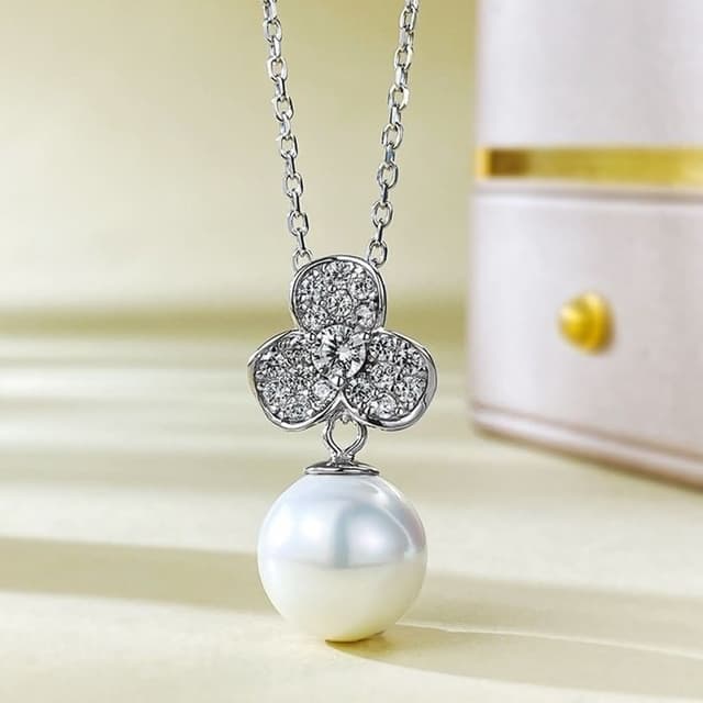 【米蘭精品】情人節禮物 現貨+預購 珍珠項鍊925純銀吊墜11mm貝珠花形鑲鑽女飾品聖誕節交換禮物74gh25