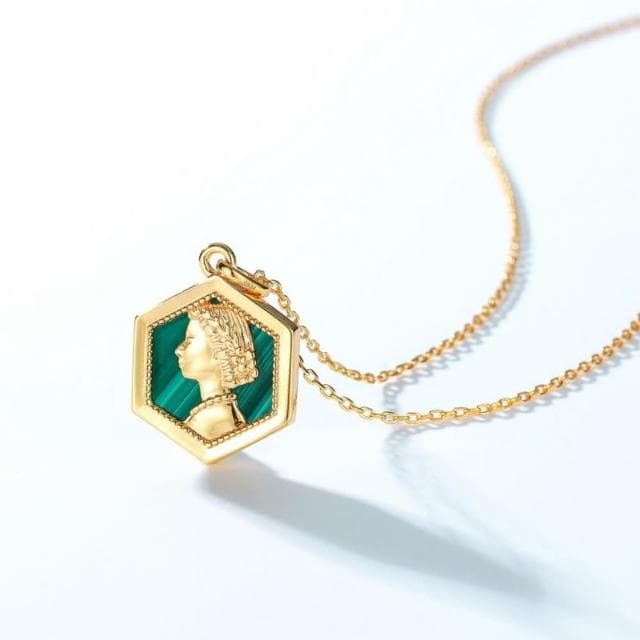 【米蘭精品】現貨+預購 孔雀石項鍊925純銀吊墜金色古典女王頭孔雀石女飾品聖誕節交換禮物74gf38