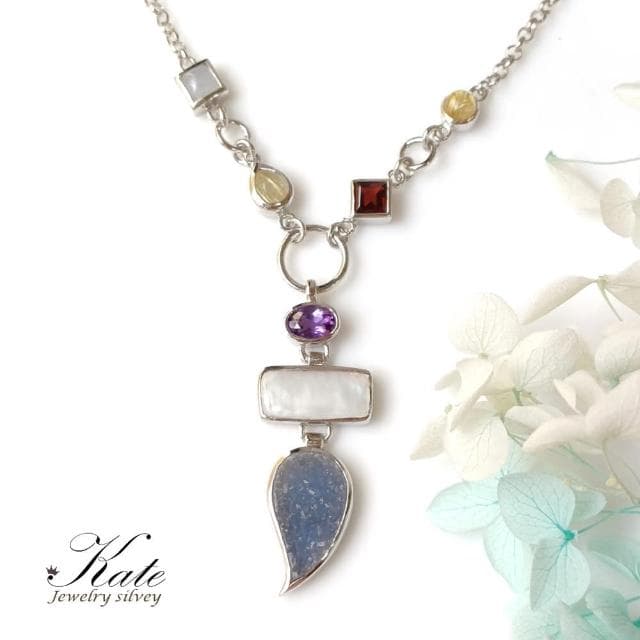 【KATE】銀飾 珠寶設計款幾何天然珍珠瑪瑙晶簇純銀項鍊 鈦晶 紫水晶 石榴石 晶簇項鍊 五行水晶 招財項鍊 生日禮物
