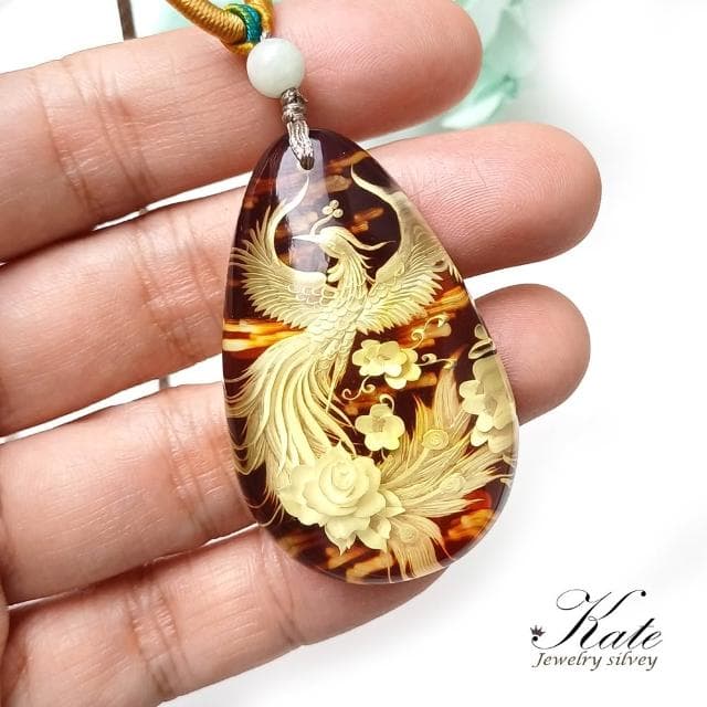 【KATE】銀飾 手工雕刻浴火鳳凰天然琥珀純銀項鍊 頂級波羅的海琥珀 百鳥之王 A貨緬甸玉 生日禮物 手工禮物