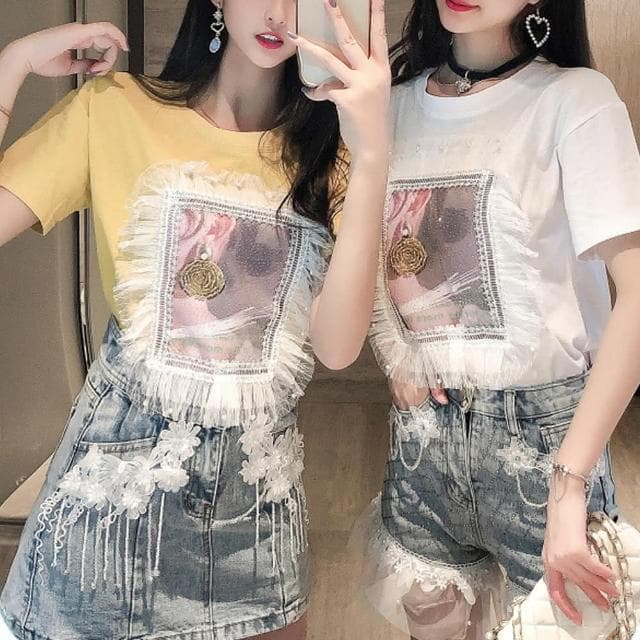 【BBHONEY】韓風 釘珠蕾絲花邊相片T 女孩 耳飾設計 短袖上衣(網美必備款)